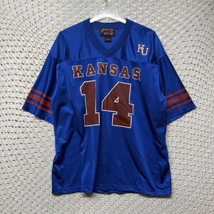 Kansas Jayhawks Football Jersey Mens Size L Blue Apparel #14 V Neck Short Sleeve
